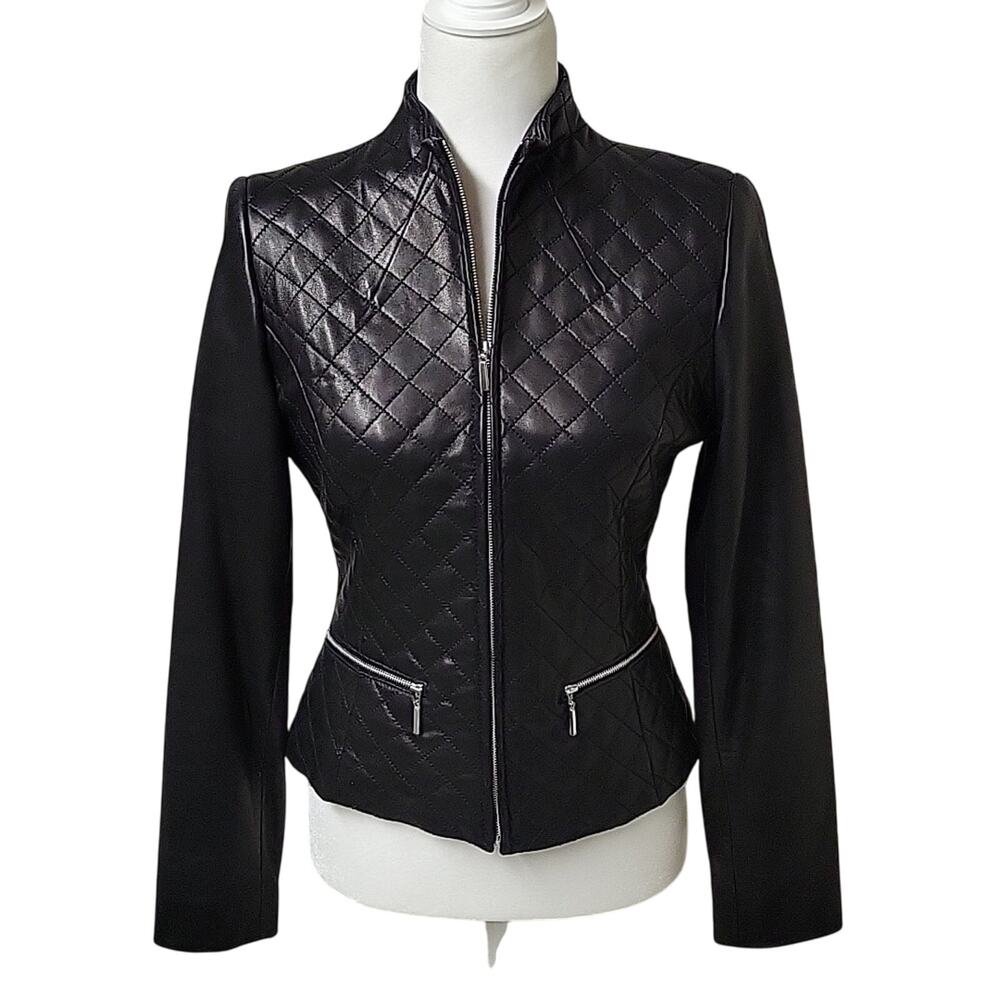Context Black Leather Collarless Quilted Jacket Womens Size 2